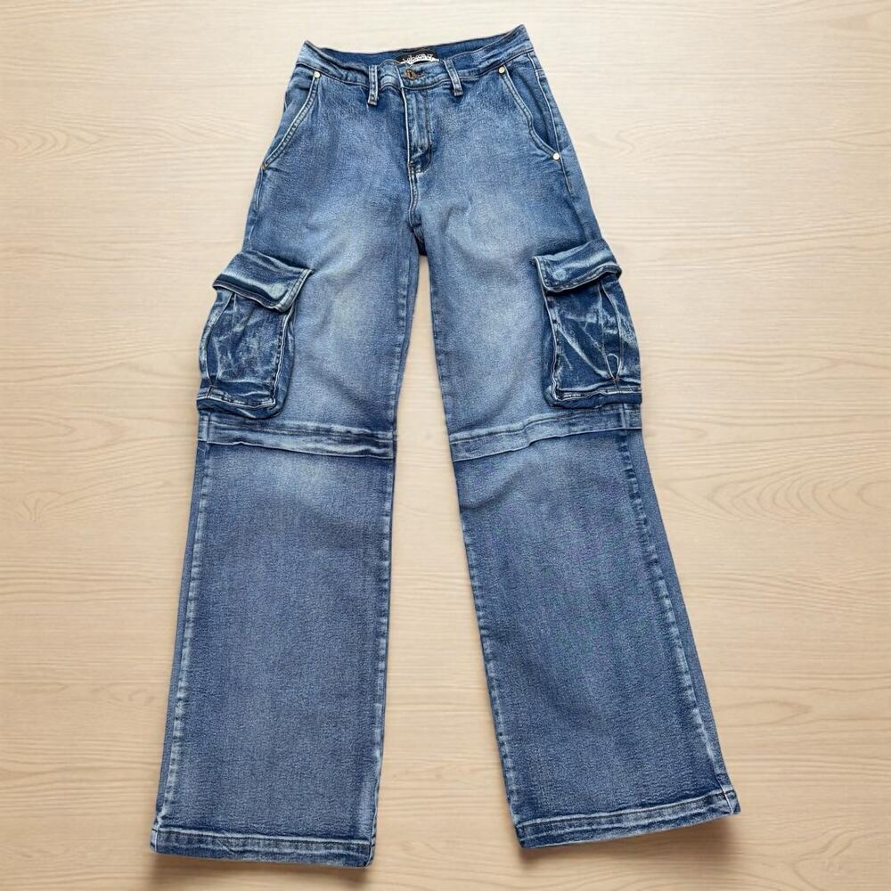 Vibrant MIU Baggy Jeans Sz S Blue Denim Cargo Wide Leg Skater Grunge Emo Y2K - Picture 3 of 10